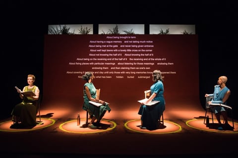 Four seated performers read from open scripts, each within a circle of light, as a long passage of projected text covers the deep-red wall behind them.